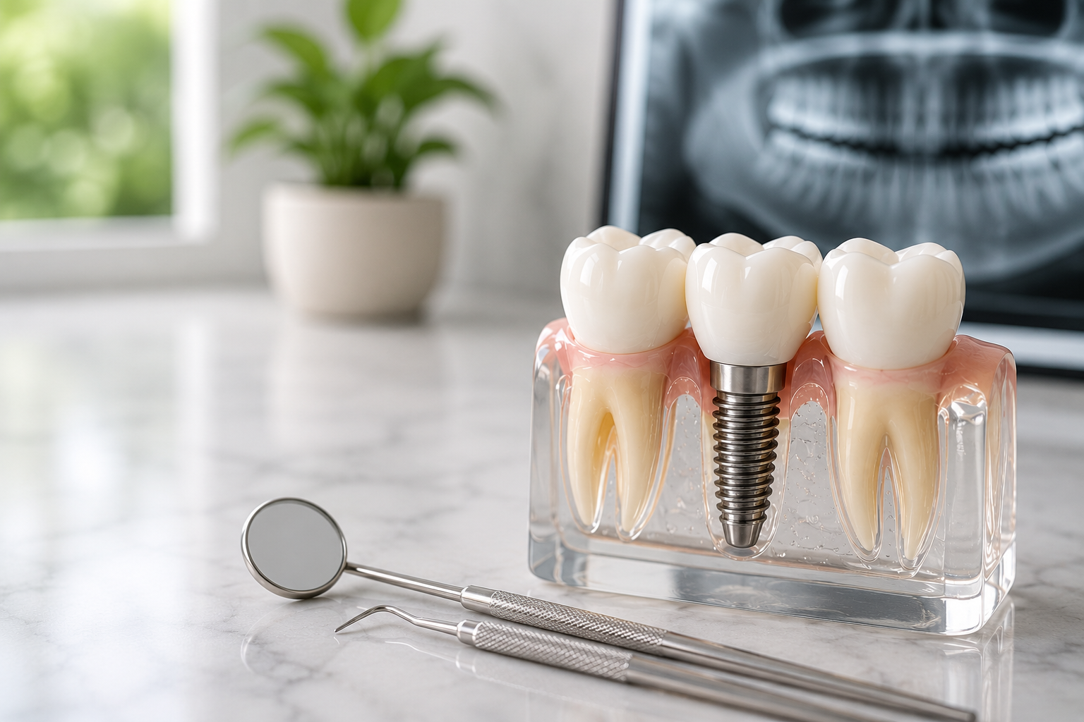 Modern dental implant model with ceramic crowns and dental tools representing safe advanced implant dentistry in Roslyn Heights NY