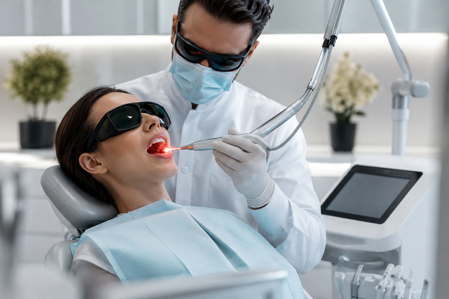 Dentist using advanced laser dentistry technology to provide precise and comfortable dental treatment for a patient